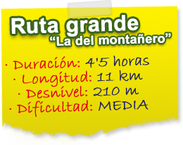 Ruta grande "La del montañero". Duración: 4,5 horas. Longitud: 11 km. Desnivel: 210 m. Dificultad: Media.